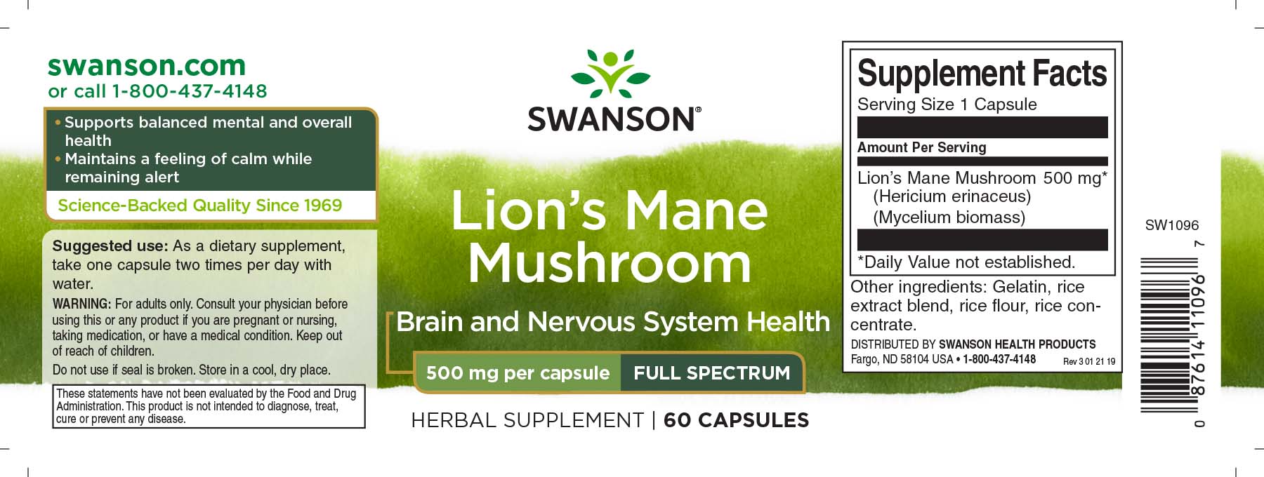 Full Spectrum Lion's Mane Mushroom - Swanson Health Products Europe